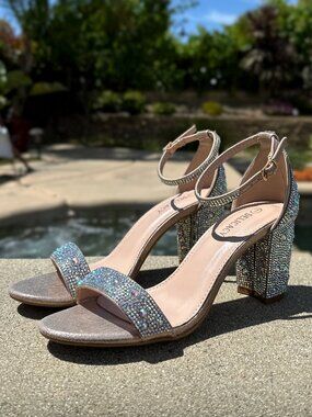 New Bling Gold Rhinestone Crystal Open Toe Dress Sandals Ankle Strap Block Heel
